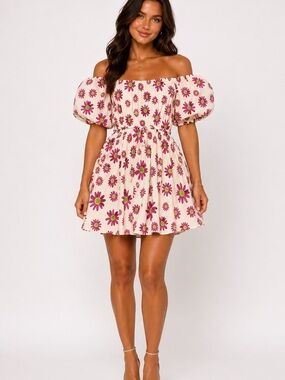 &Merci Floral Puff Sleeve Off Shoulder Mini Dress Small Purple Daisy Cottagecore